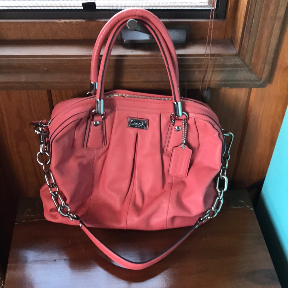 Coach Kristin Coral Leather Pleated Satchel with Chain Shoulder Strap